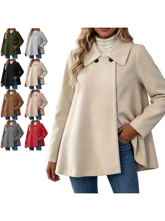 Women's Wool Blend Swing Coat Soft Casual Collared Long Sleeve Jacket Loose Casual Solid Color Fall Winter Outerwear M