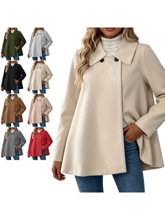 Women's Wool Blend Swing Coat Soft Casual Collared Long Sleeve Jacket Loose Casual Solid Color Fall Winter Outerwear S