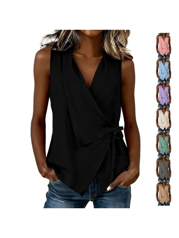 Women's Wrap V Neck Tank Tops Dressy Casual Side Tie Waist Sleeveless Vest Loose Fit Asymmetrical Hem Solid Color Tees Shirt XXL
