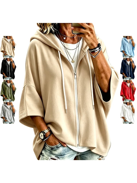 Women's Zip Up Drawstring Hooded Jacket Lightweight 3/4 Dolman Sleeve Cardigan Coat Loose Casual Solid Color Fall Outerwear L