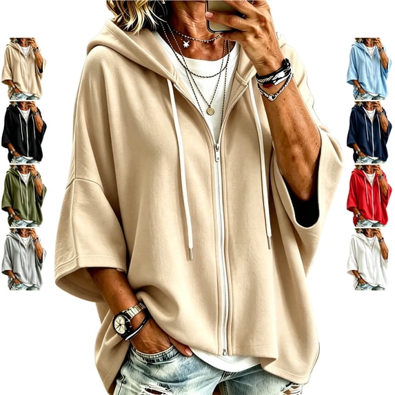 TGSLY Women's Zip Up Drawstring Hooded Jacket Lightweight 3/4 Dolman Sleeve Cardigan Coat Loose Casual Solid Color Fall Outerwear S