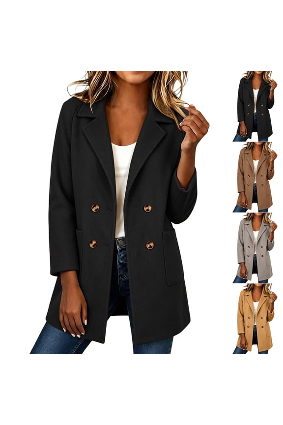 Wool Blend Peacoat for Women Comfy Soft Notch Lapel Double Breasted Button Jacket Relaxed Causal Solid Color Long Sleeve Fall Winter Trench Coat with Pockets S