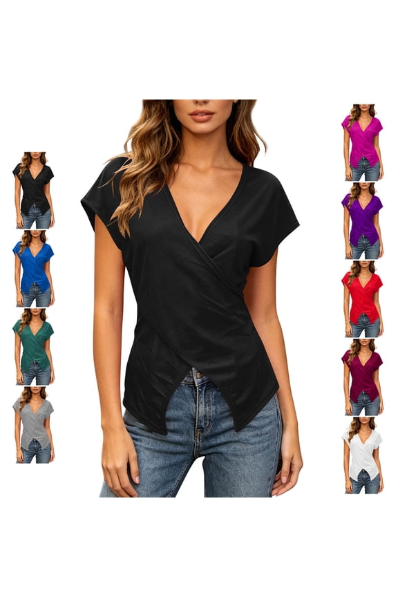 Wrap Front Deep V Neck Tops for Women Dressy Casual Dolman Cap Sleeve Solid Color Shirts Slim Fit Asymmetric Split Hem Blouses XL