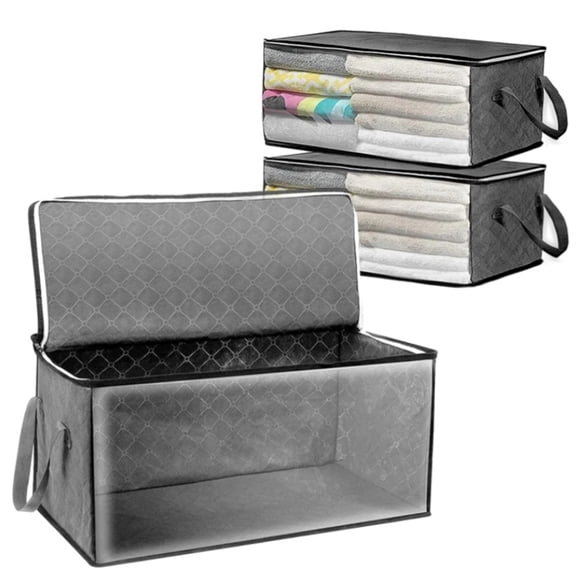 TGY Non-Woven Quilt Organizers,3 Pcs Large Capacity Clothes Storage Bin,Foldable Coat Organizer Bags,Dust-Proof Sundries Box,Portable Handle and Clear Window,for Bedroom Closet (Gray)