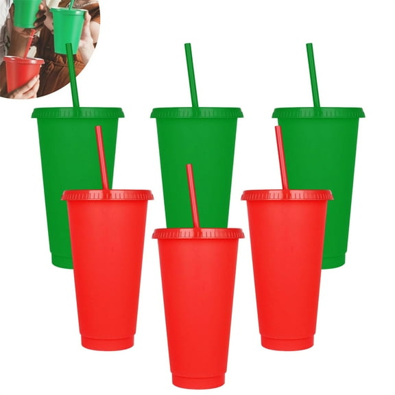 TGY Red + Green Reusable Cups with Lids and Straw,6 Pack Cold Drink Tumblers Bulk,Adults Plastic Cups,Iced Coffee Bottle,Frosted Water Tumblers,for Home Travel Picnic Party 24 oz
