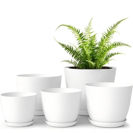 TGY Resin Planters with Saucers & Drainage,5 Pack Plant Pots for Indoor,Modern Plastic Flower Pots,for Garden Flowers Succulents,Home Decor,4.5/5/5.5/6.5/7 Inch,White