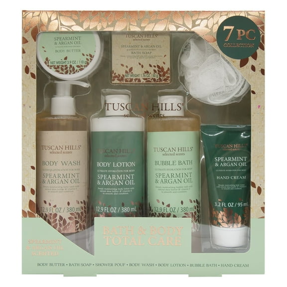 Tuscan Hills Bath and Body Set, Spearmint & Argan Oil Scent, 7 Piece