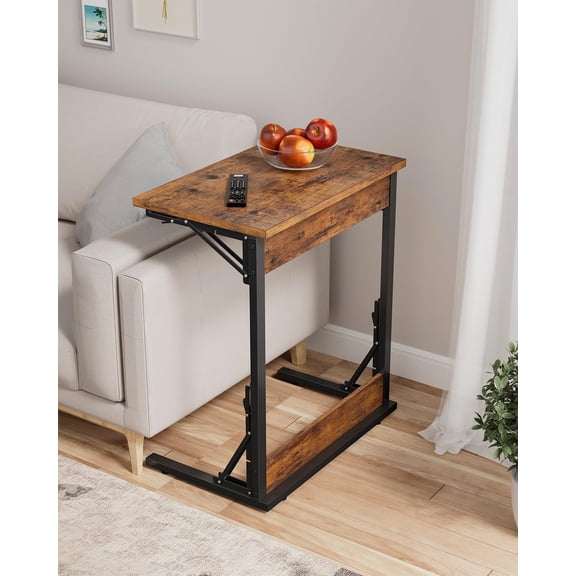 TH Folding TV Tray Table, 24" Wide C-Shaped End Table for Couches, Small Sofa-Side Laptop Desk with Metal Frame for Living Room, Bedroom, Rustic Brown