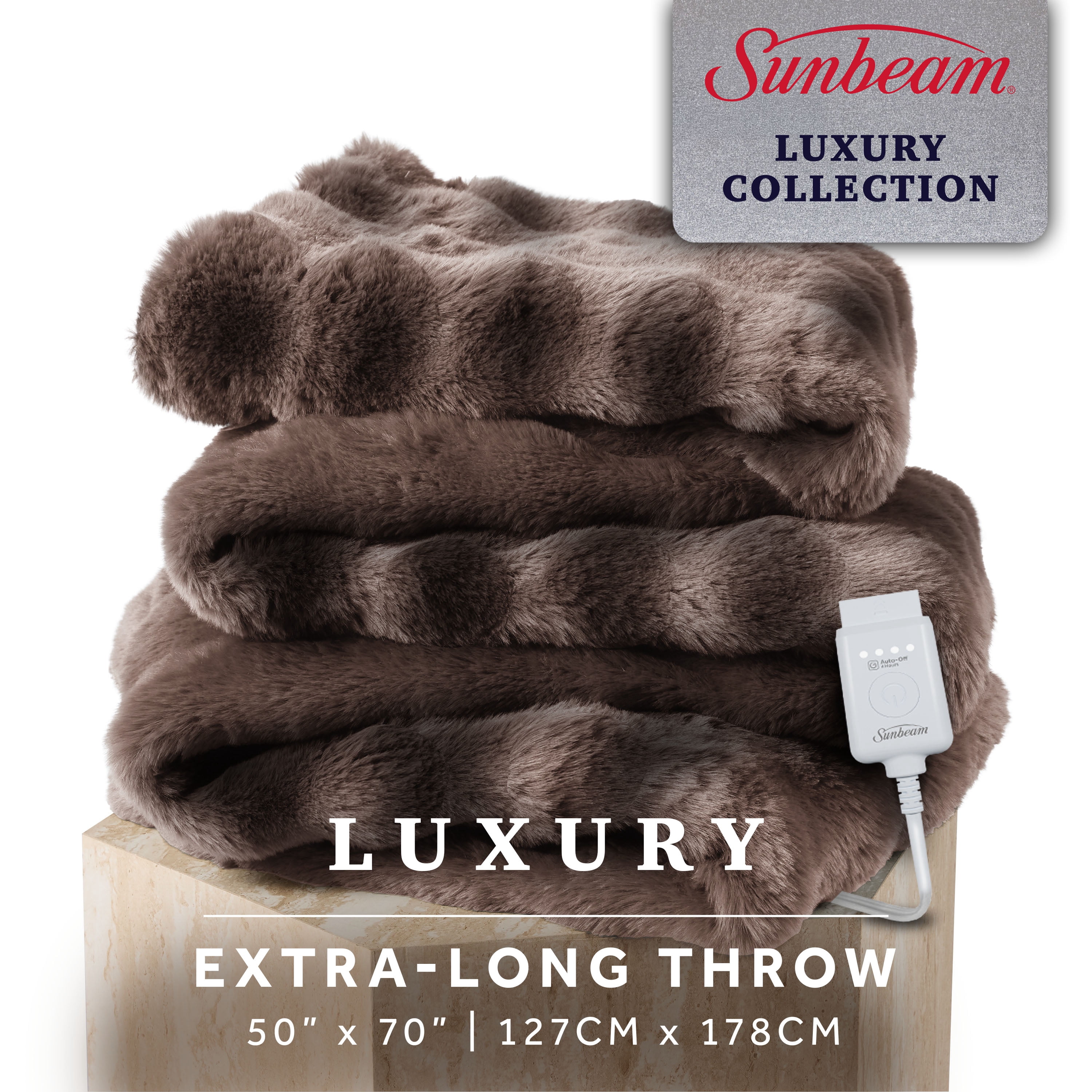 Sunbeam Heated Electric Bubble Faux Fur Throw Blanket, Luxury Collection, Brown, 4 Heat Settings, 50 x 70 in