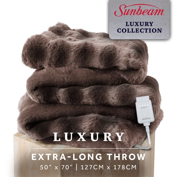Sunbeam Heated Electric Bubble Faux Fur Throw Blanket, Luxury Collection, Brown, 4 Heat Settings, 50 x 70 in
