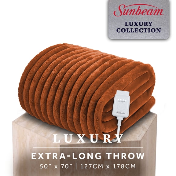 Sunbeam Heated Electric Channeled Faux Fur Throw Blanket, Gingerbread, 4 Heat Settings, 50 x 70 in
