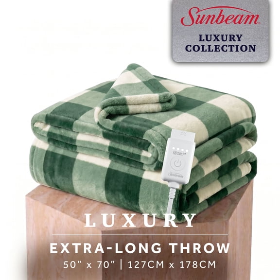 Sunbeam Heated Electric Luxe Plush Throw Blanket, Deep Sage Buffalo Plaid, 4 Heat Settings, 50 x 70 in