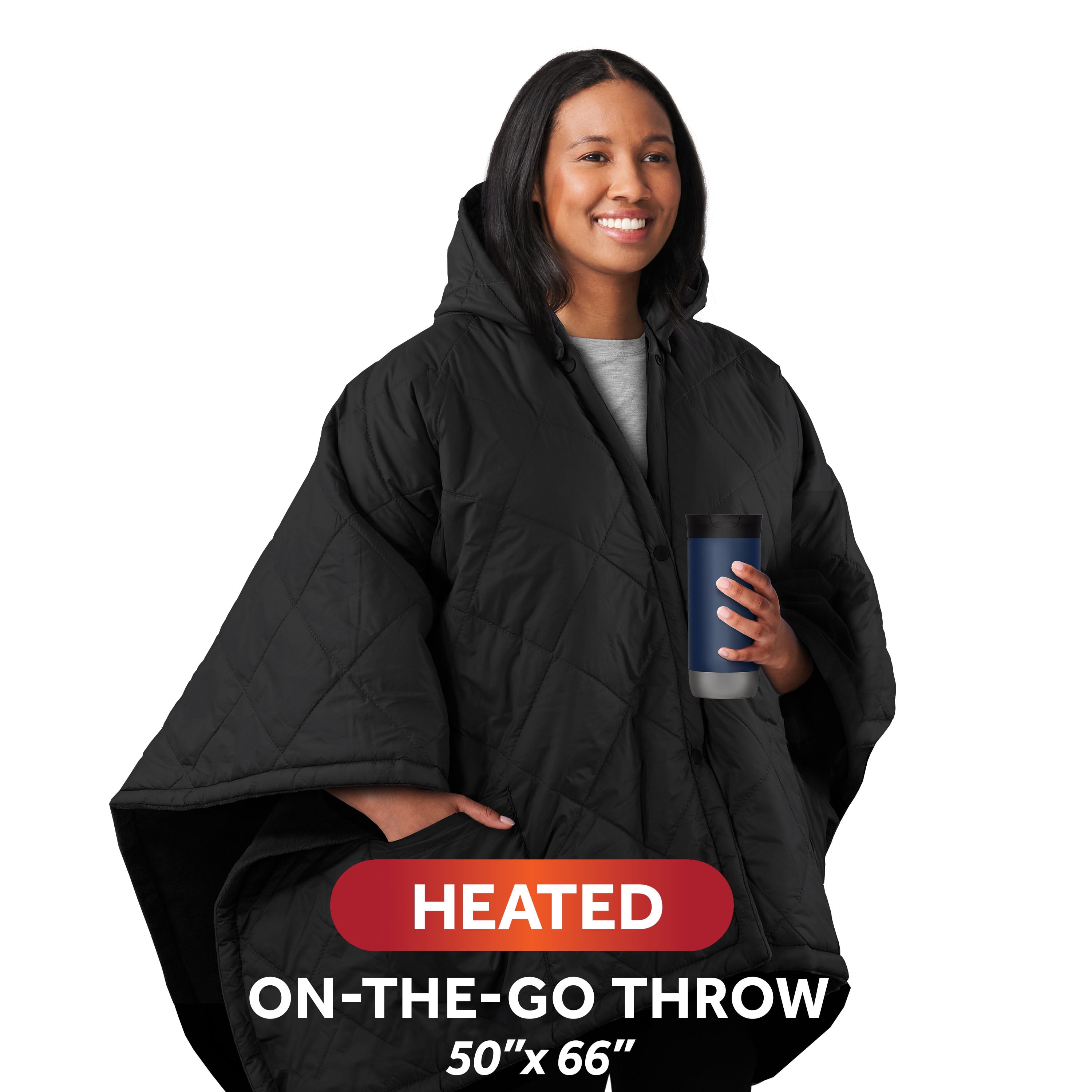Sunbeam Cordless Rechargeable Heated Electric Wearable Throw Blanket with Hood, Black, 4 Heat Settings, 50 x 66 in
