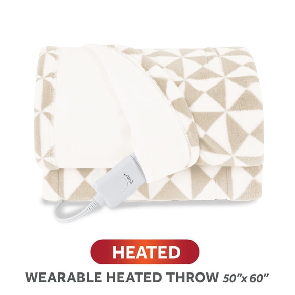 Sunbeam Heated Electric Wearable Throw Blanket, Taupe Triangle, 4 Heat Settings, 50 x 60 in