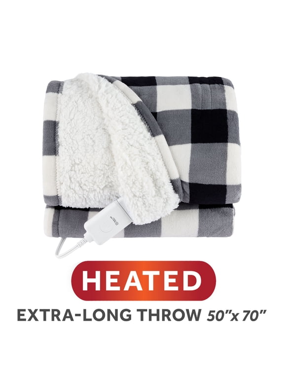 Heated Electric Microplush Faux Shearling Throw Blanket, Black Buffalo Plaid, 4 Heat Settings, 50 x 70 in
