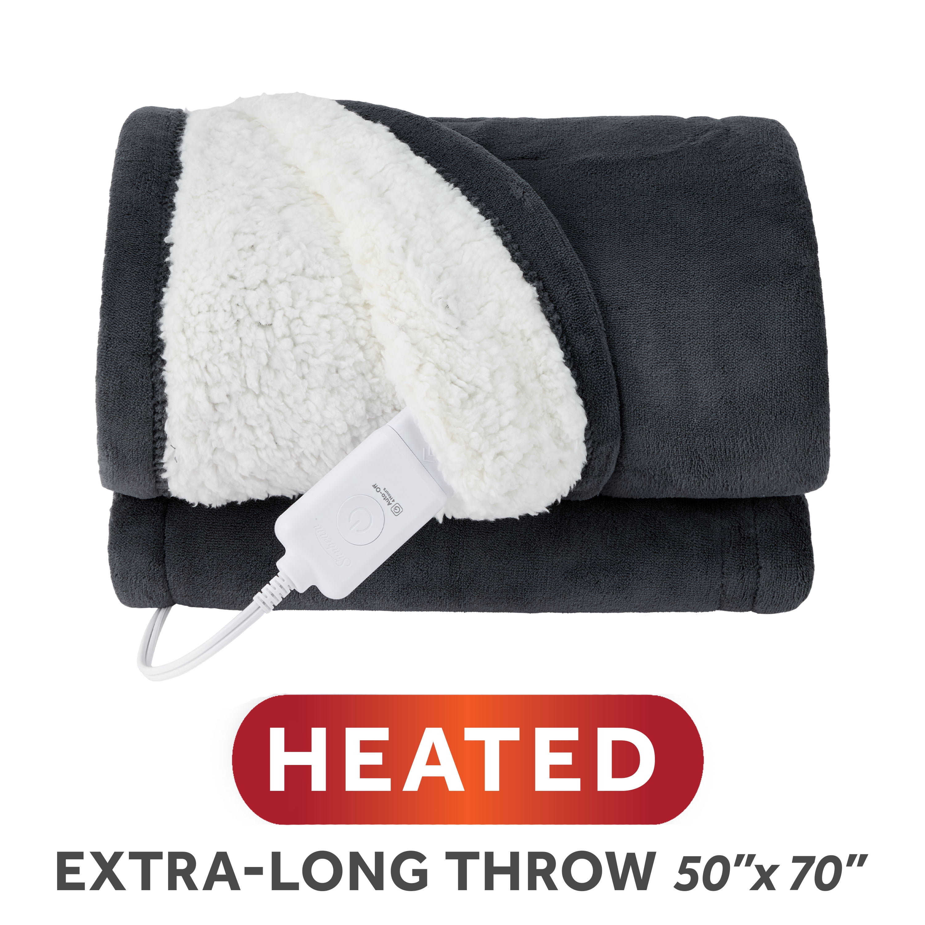 Sunbeam Heated Electric Microplush Faux Shearling Throw Blanket, 50 x 70 in, Greystone, 4 Heat Settings