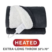 Sunbeam Heated Electric Microplush Faux Shearling Throw Blanket, 50 x 70 in, Greystone, 4 Heat Settings