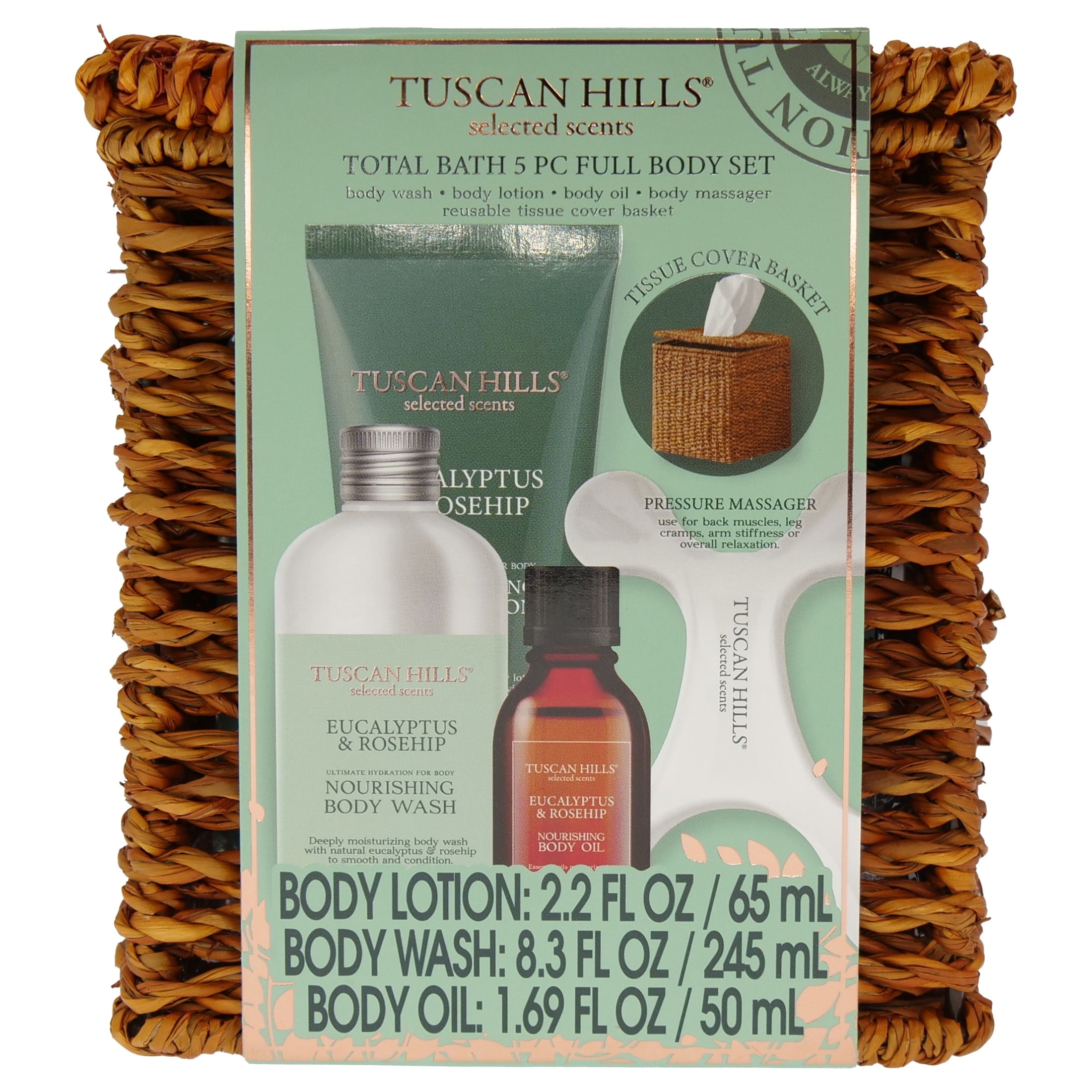Tuscan Hills Total Bath Full Body Set with Wicker Tissue Holder, 5