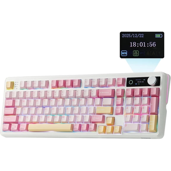 TH99 PRO 96% Mechanical Keyboard with Screen & Knob, 10000mAh, 2.4Ghz/BT, Hot Swap, Custom Driver, RGB Backlight, PBT Keycap, Wireless Gaming Keyboard for PC/Mac (Pink, Creamy Jade)