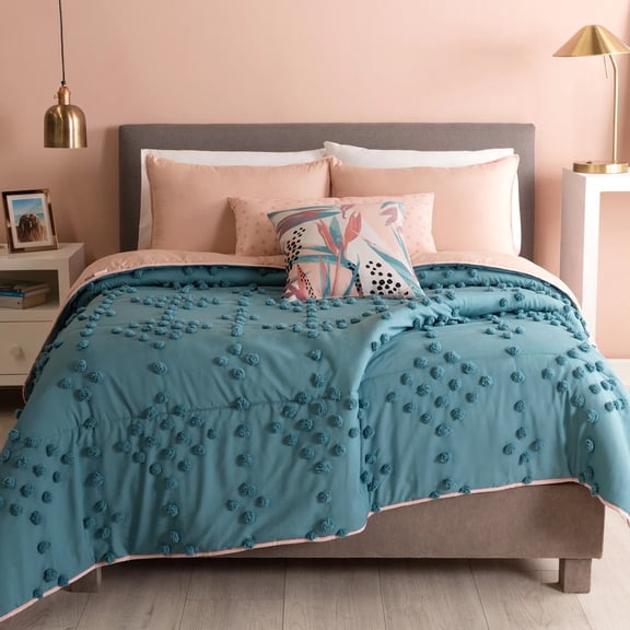 THAI POM POMS EMBROIDERY DECORATIVE REVERSIBLE COMFORTER SET 5 PCS QUEEN SIZE