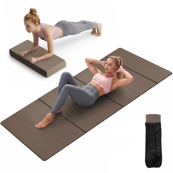 THAILE Foldable Yoga Mat 0.4 Inch Thick, 75" x 26" Non-Slip Exercise Mat for Home Gym, Extra Wide Joint Protection, Portable Fitness Mat for Yoga, Pilates & Travel, Easy Storage (Brown)