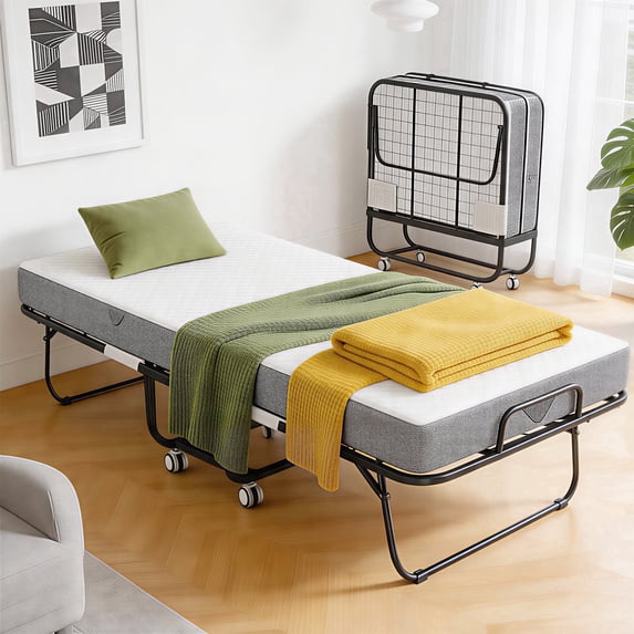 THAILE Folding Bed with 5” Airflow Memory Foam 75" x 46" Comfort Mattress and Wheels, 17” Metal Bed Frame, Twin