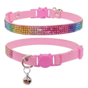 THAIN Bling cat Kitten Collar Rainbow Rhinestone Breakaway Diamond with Bell Soft Velvet Quick Release Pink