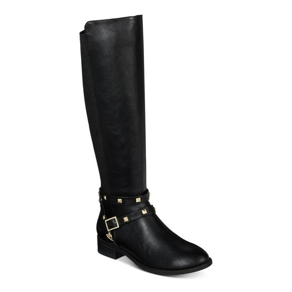 THALIA SODI Womens Black Studded Stretch Cushioned Buckle Accent Vallie Round Toe Block Heel Zip-Up Riding Boot 6 M