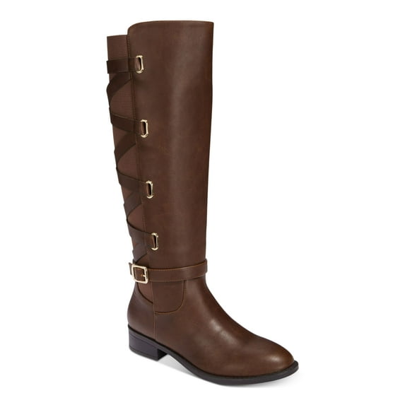 THALIA SODI Womens Brown Crisscross Straps Stretch Buckle Accent Strappy Veronika Round Toe Block Heel Zip-Up Riding Boot 7.5 M