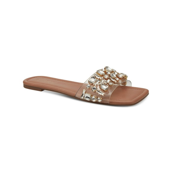 THALIA SODI Womens Clear Transparent Padded Gem Accent Jillene Square Toe Slip On Slide Sandals Shoes 6 M