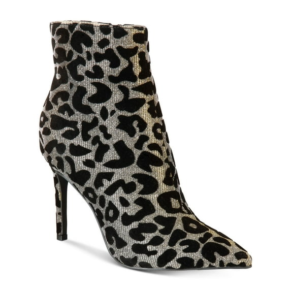 THALIA SODI Womens Silver Leopard Reflective Silver To Gold Cushioned Glitter Rylie Pointed Toe Stiletto Zip-Up Booties 6.5 M