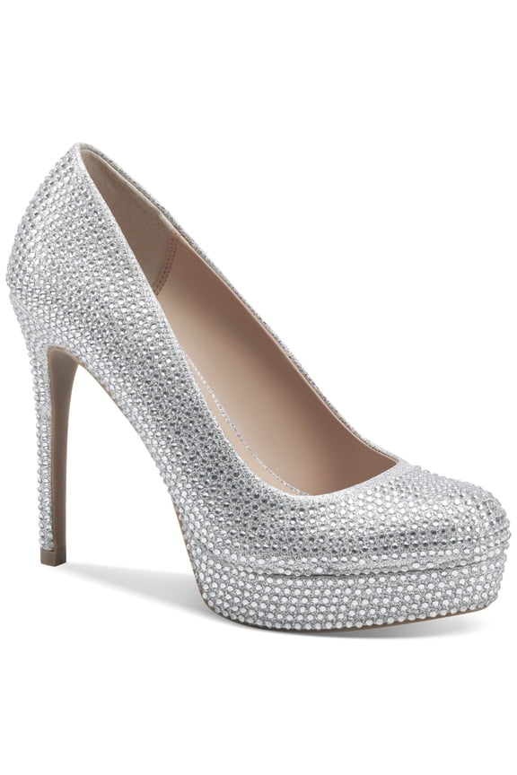 Womens Silver Sparkle 1" Platform Padded Rhinestone Embellished Crista Round Toe Stiletto Slip On Dress Pumps Shoes 5.5 M