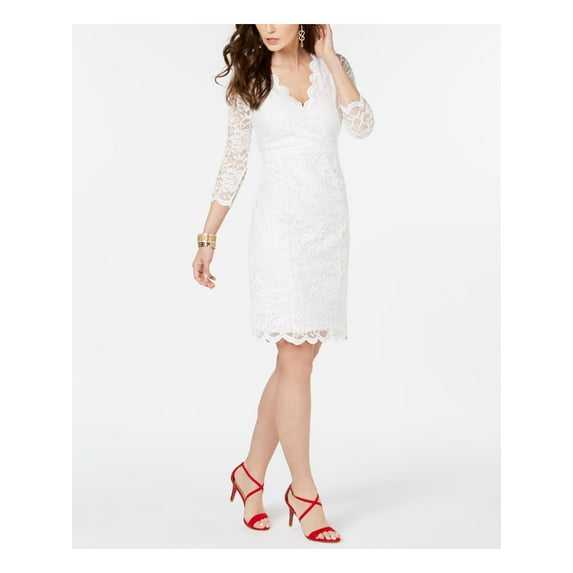 THALIA SODI Womens White Stretch Scalloped Zippered Lace Empire Waist Floral 3/4 Sleeve Surplice Neckline Short Cocktail Sheath Dress M