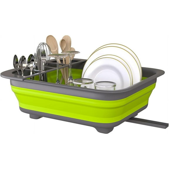 THANSTAR Collapsible Dish Drying Rack for RV Campers Portable Dinnerware Drainer Organizer for Kitchen Travel Trailer-Green