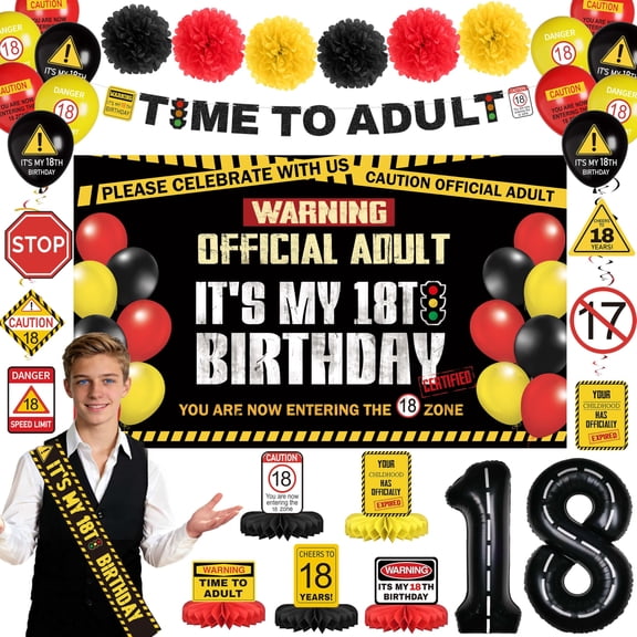 THAWAY 18th Birthday Decorations for Boys - Hide The Car Keys Happy 18th Birthday Caution Party Kit 49pcs with Backdrop, Banner, Sign Balloons & Photo Props for Teen Driver Y114