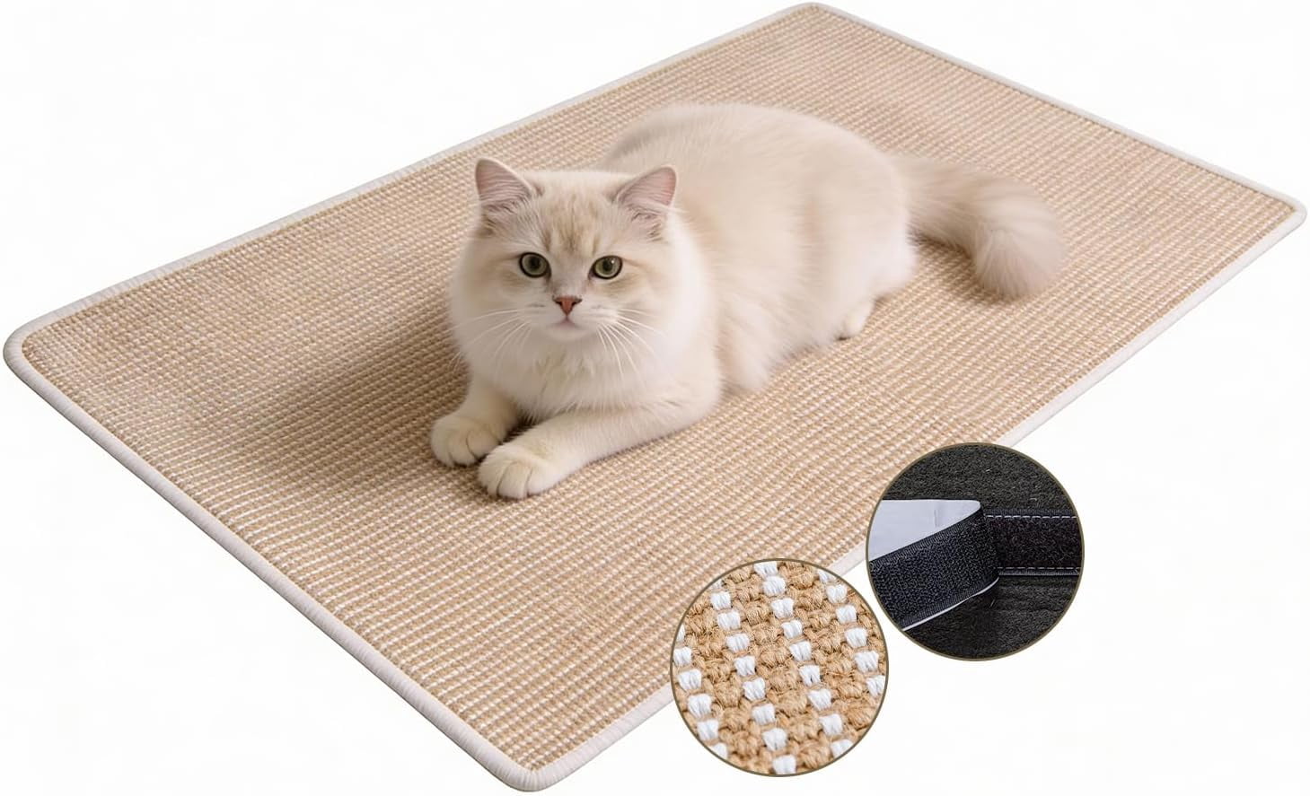 THBN Cat Scratcher Mat, 23.6"x 15.7" Natural Sisal Cat Scratch Mat with Velcro Tape, Scratching Rug Pad for Indoor Cats, Furniture Protector, Floor Carpet, Wall Pad, M, Beige