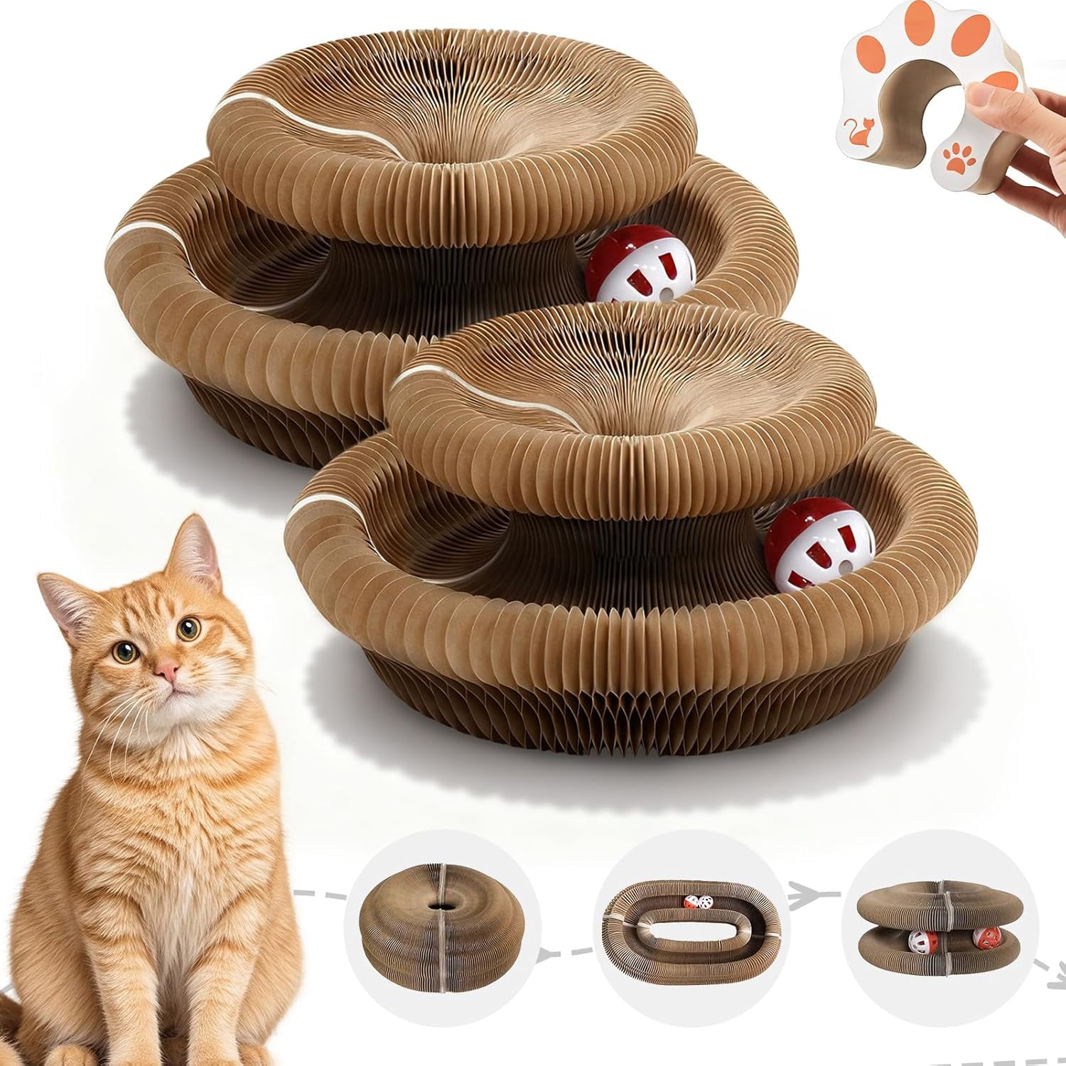 THBN Cat Toy, Magic Organ Cat Scratch Board, Compact Cats Accordion Toy, Interactive Cardboard Cat Scratcher Pad Toys with Bell Ball for Indoor Exercise