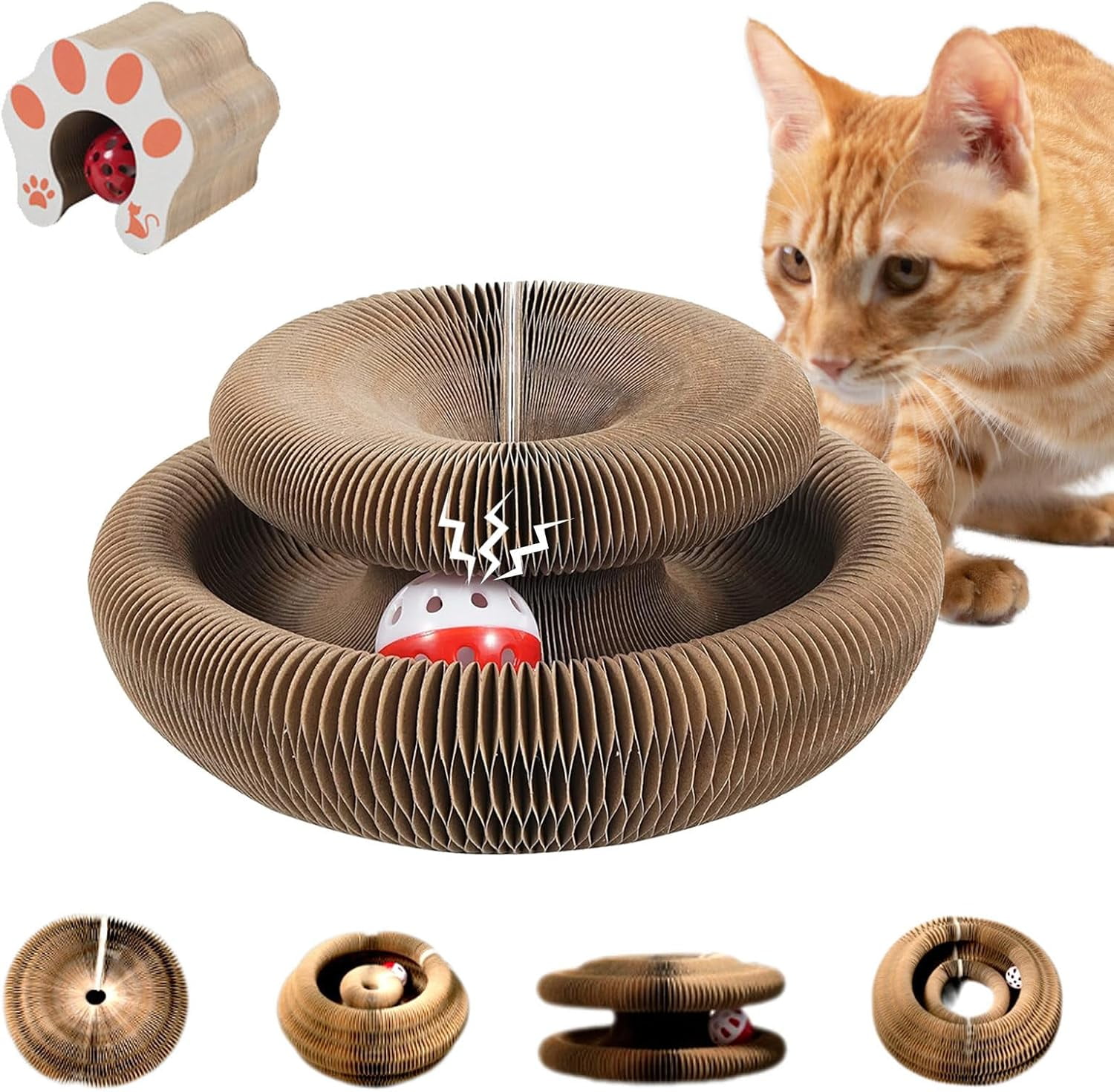 THBN Cat Toy, Magic Organ Cat Scratch Board, Compact Cats Accordion Toy, Interactive Cardboard Cat Scratcher Pad Toys with Bell Ball for Indoor Exercise
