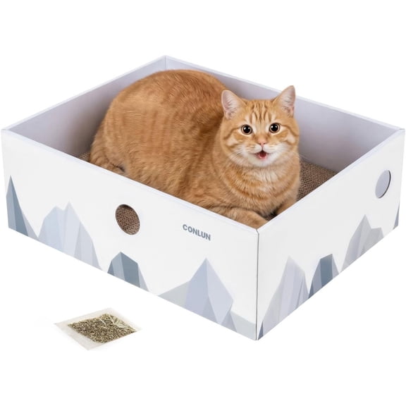 THBN Conlun Cat Scratcher Box with Heavy-Duty Double-Sided Cardboard Pad, Cardboard Lounger, Interactive Hole Design, Cat Bed for Indoor Cats, White, Large