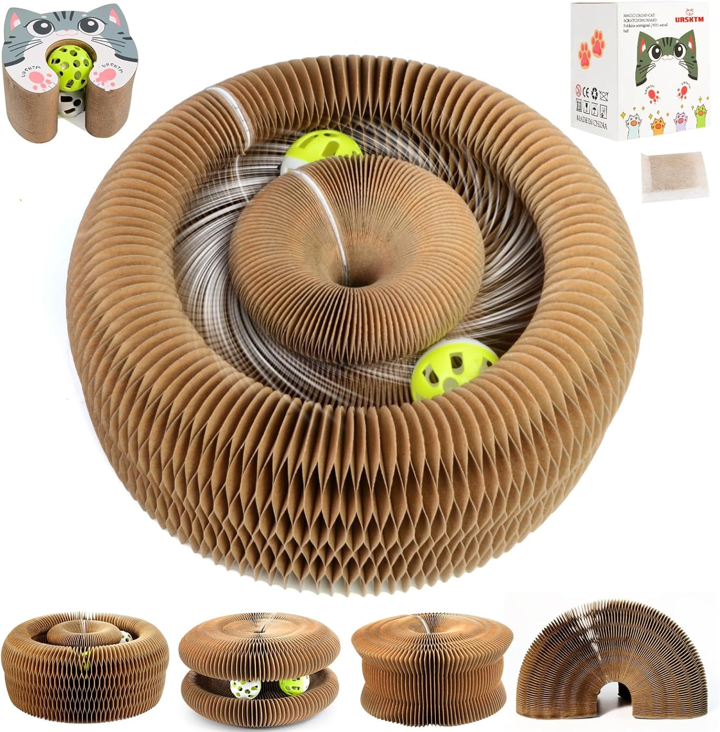 THBN Upgraded-Magnetic Magic Organ Cardboard Cat Scratcher Toy with 2 Balls for Mental Physical Exercise, Multi-Shape Interactive Cardboard Cat Toy for Indoor Cats Flip with Fun, Brown/Gray,M, 1PCS