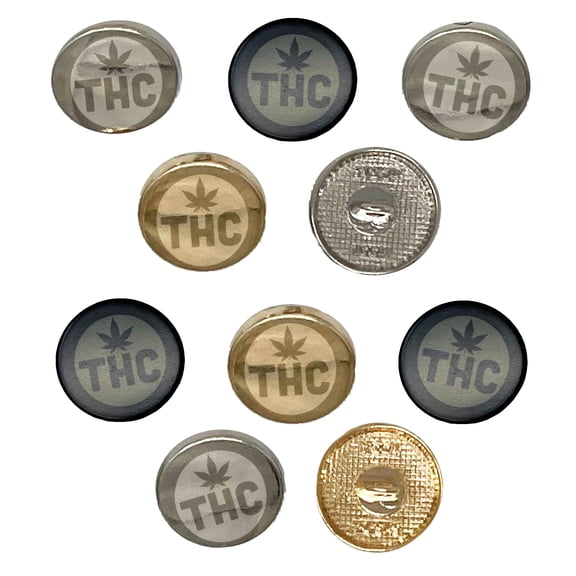 THC Marijuana Leaf Circle Set of 10 Metal 0.6" (15mm) Sewing Shank Round Buttons - Silver Color