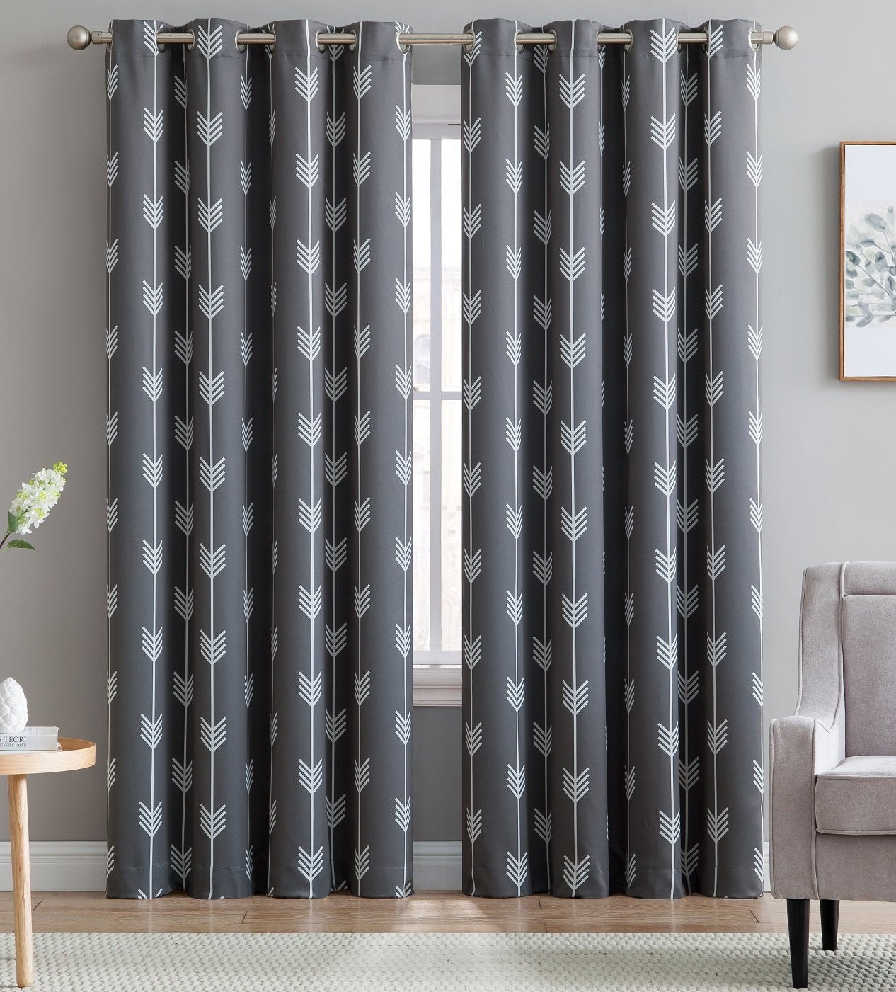 THD Arrow Printed Blackout Room Darkening Thermal Grommet Window Curtain Drape Panels for Kids Room - Set of 2 - Grey - 72 inch Long