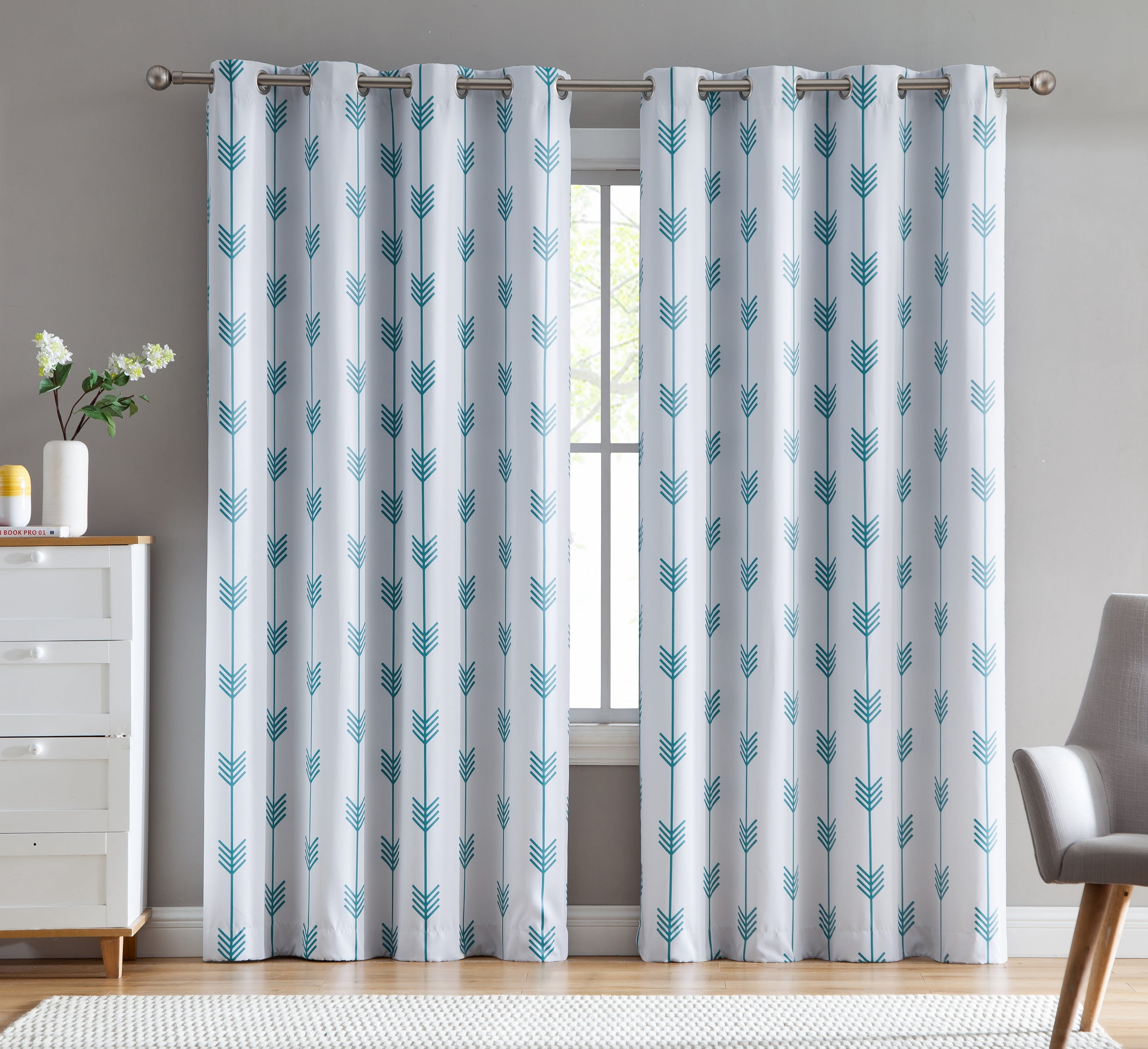 THD Arrow Printed Privacy Blackout Energy Efficient Room Darkening Thermal Grommet Window Curtain Drape Panels for Kids Bedroom - Set of 2 - Platinum White/Teal Blue - 84" inch Long