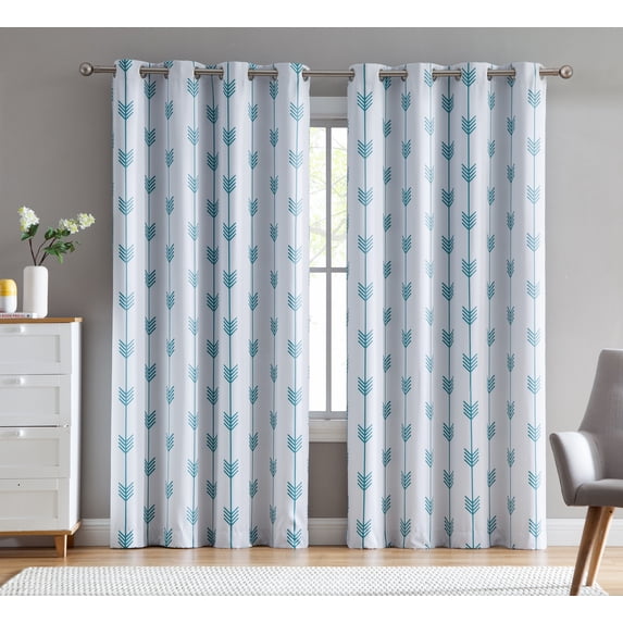 THD Arrow Printed Privacy Blackout Energy Efficient Room Darkening Thermal Grommet Window Curtain Drape Panels for Kids Bedroom - Set of 2 - Platinum White/Teal Blue - 63" inch Long