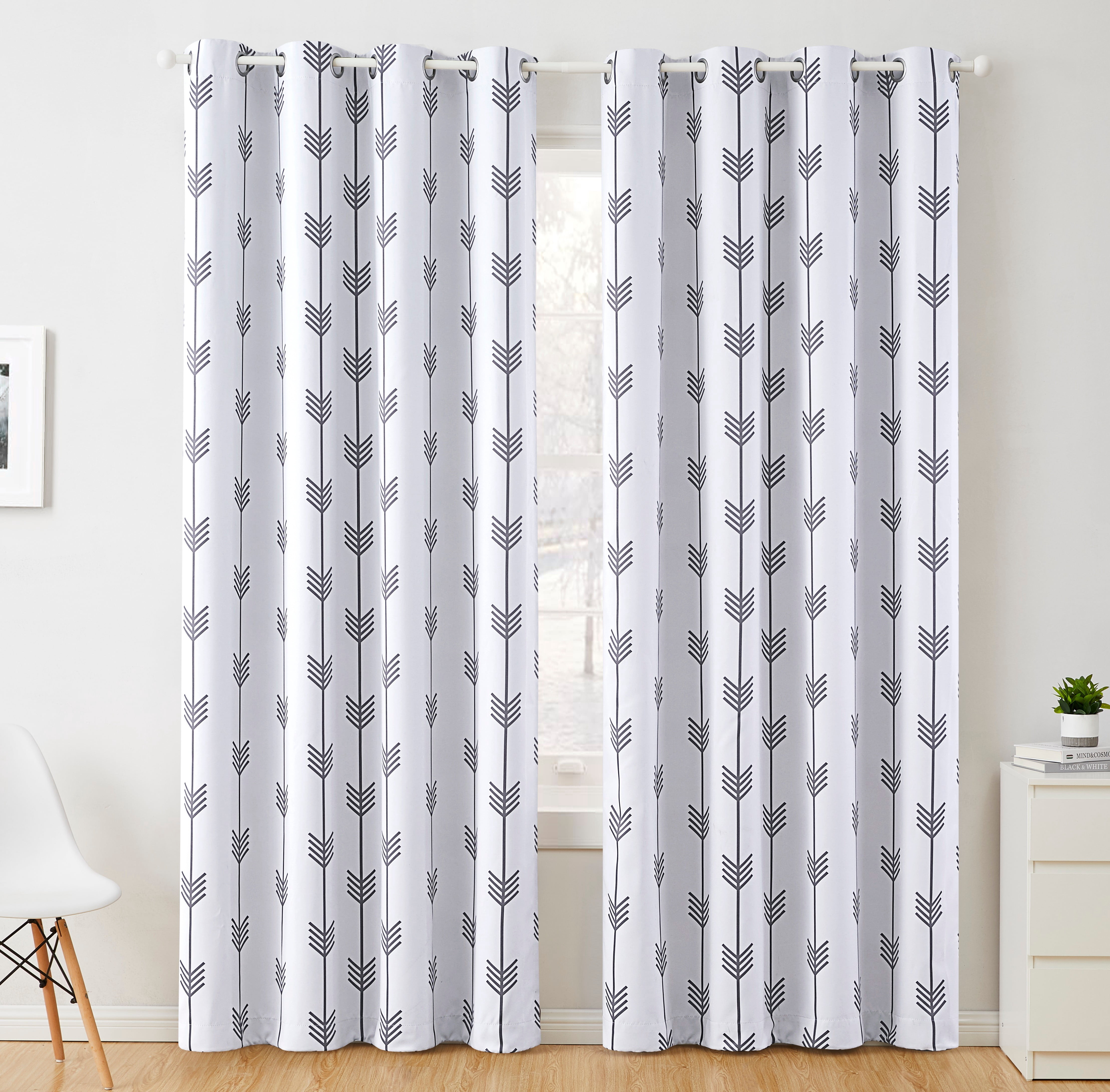 THD Arrow Printed Privacy Blackout Energy Efficient Room Darkening Thermal Grommet Window Curtain Drape Panels for Kids Bedroom - Set of 2 - Platinum White/Grey - 63" inch Long
