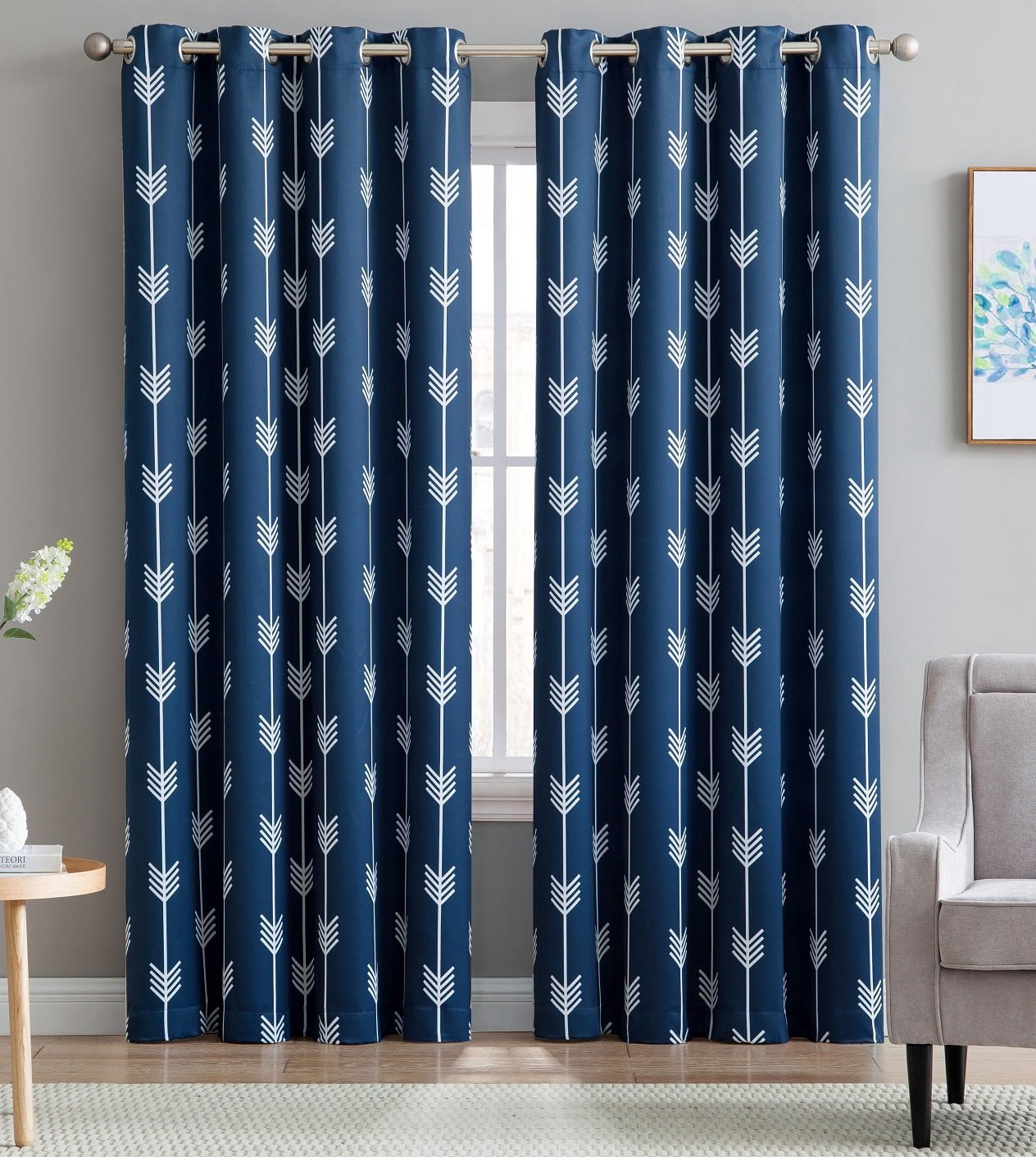 THD Arrow Printed Blackout Room Darkening Thermal Grommet Window Curtain Drape Panels for Bedroom - Set of 2 - Navy Blue - 84" inch Long