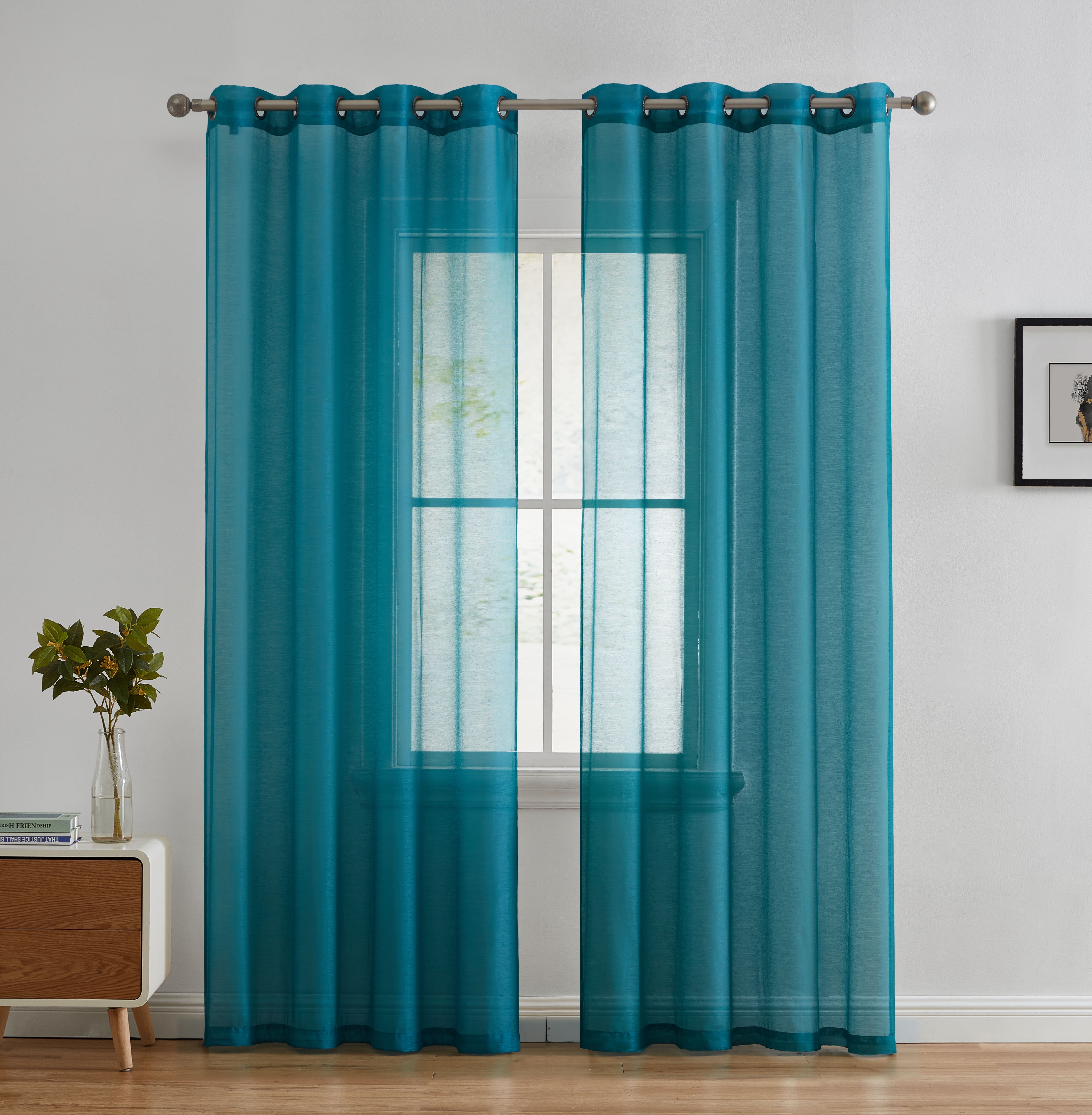 Aqua Blue Teal Sheer Polyester Grommet Window Panels, 54" x 84"