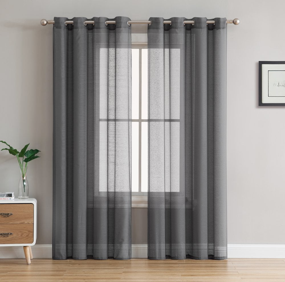 THD Vicky Semi Sheer Voile Window Curtain Grommet Top Panels for Bedroom & Living Room - Set of 2 (Charcoal Grey, 54 W x 72 L per panel)