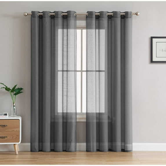 THD Vicky Semi Sheer Voile Window Curtain Grommet Top Panels for Bedroom & Living Room - Set of 2 (Charcoal Grey, 54 W x 45 L per panel)