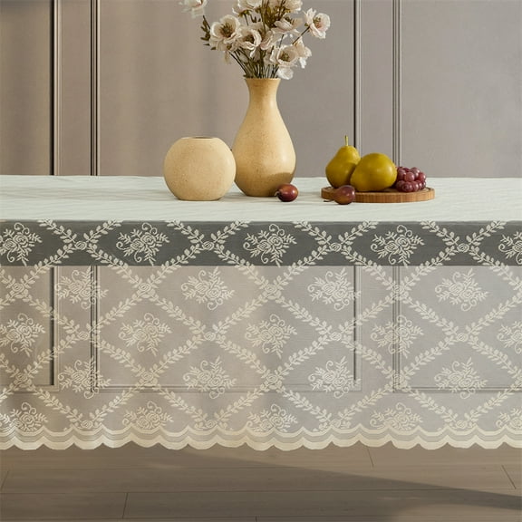 THD Bella Floral Lace Fabric Tablecloth, Lace Fabric Table Cloth for Rectangle Tables, Wrinkle Resistant Tablecloth, Patterned Scalloped Tablecloth (60 W x 120 L, Linen Taupe)